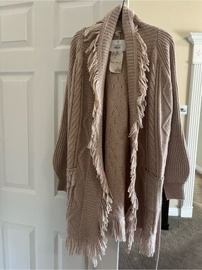 Hem and Thread Fringed Cable-Knit Open Cardigan Sweater - Oatmeal